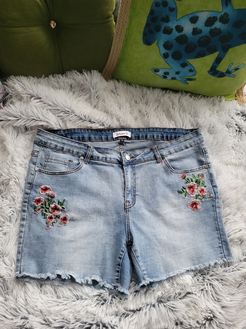 Light Blue Embroidered Denim Shorts with Floral Detail